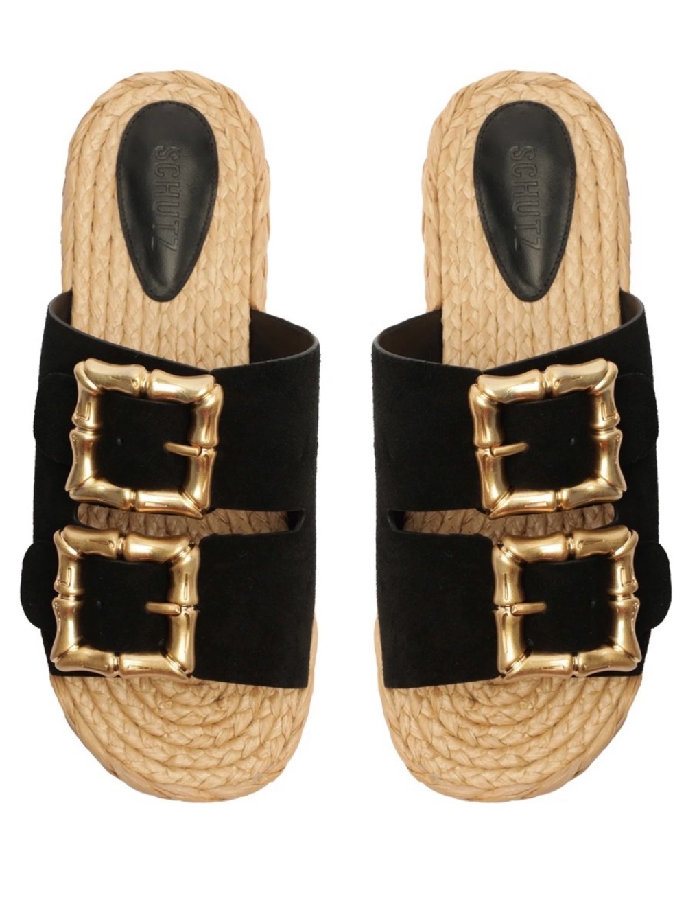 SCHUTZ Black Suede Double-Buckle Slide Sandals with Gold Buckles